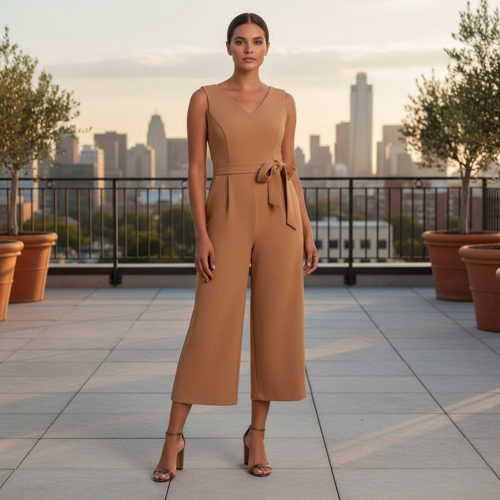 CALVIN KLEIN Rust V-Neck Cropped Flare Wide Leg Belted Jumpsuit Plus Size 22W